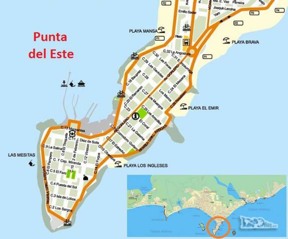 A famosa Punta del Este, no litoral do Uruguai, é uma pequena península de menos de 4 km que se projeta para o sul sobre o Oceano Atlântico. Nós demos a volta na península, entrando pela Playa Mansa e saindo pela Playa Brava